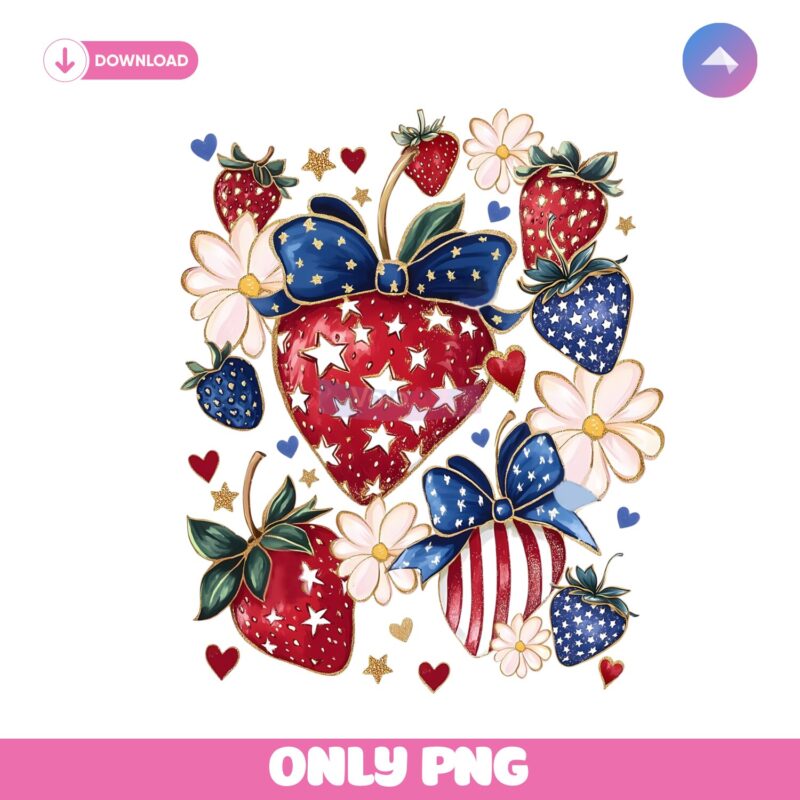 Boho 4th of July Preppy Strawberries Patriotic Bow Png