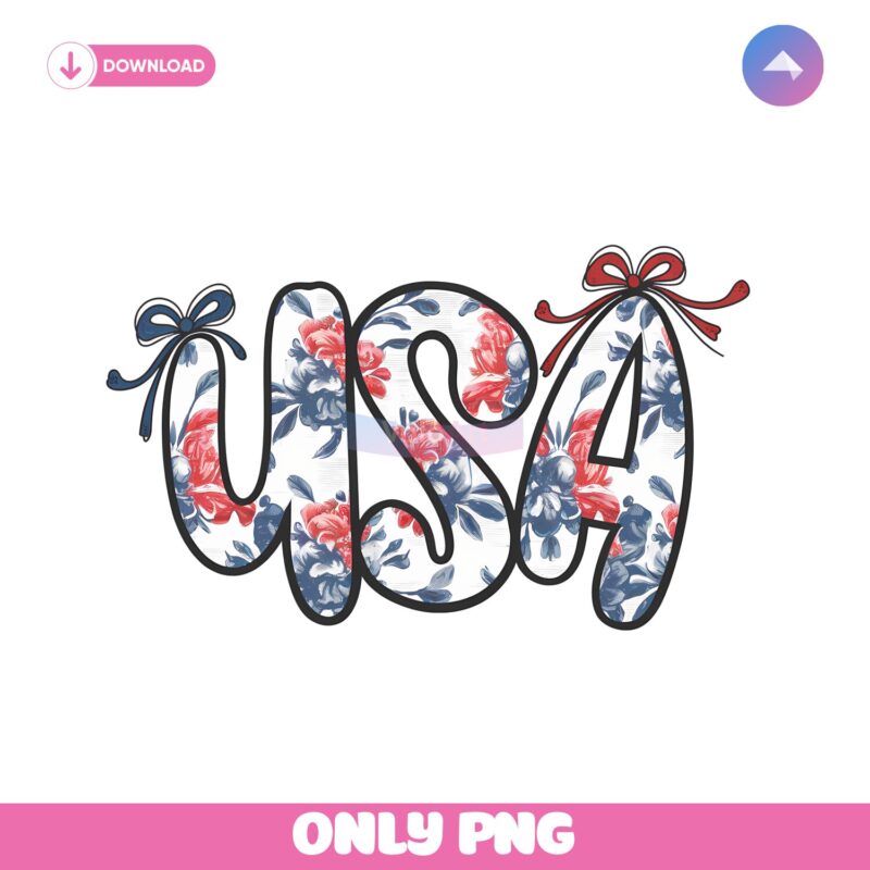 Retro Floral Coquette Bow Usa Patriotic Png