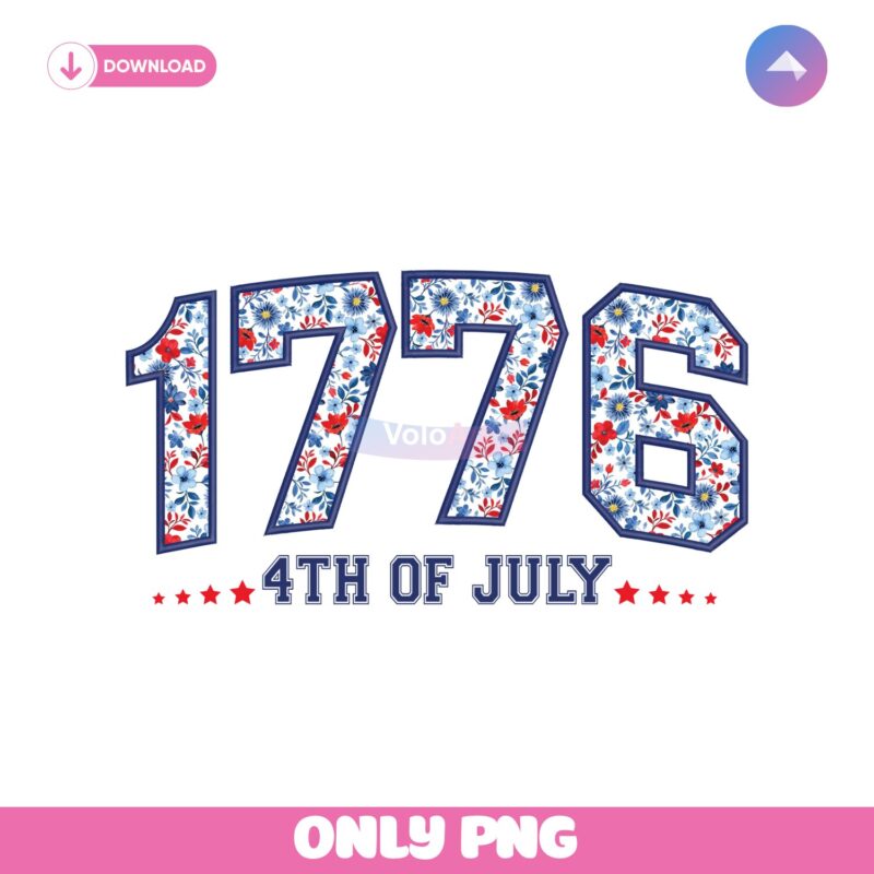 1776 Floral Varsity Patriotic Faux Embroidery PNG