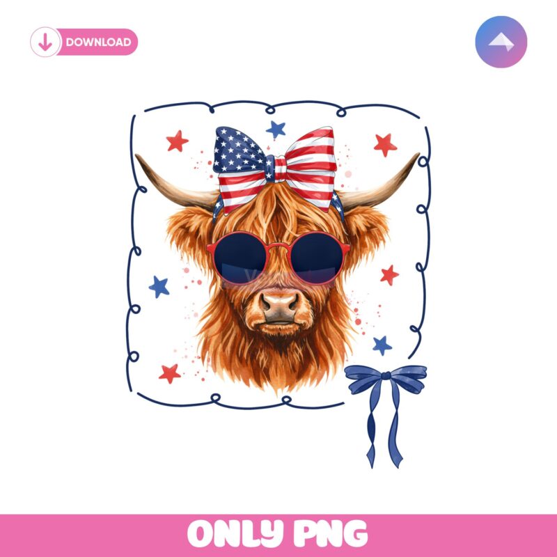Patriotic Highland Cow Farm Animal Coquette Bow PNG