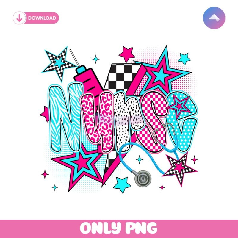 Retro Neon Nurse Life Checkered Stars PNG