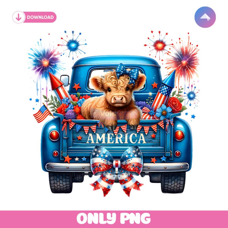 4Th Of July Cute Highland Cow On The American Truck PNG
