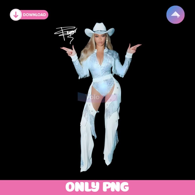 Beyonce Cowgirl Pose White Fringe Bodysuit Western Tour Outfit PNG