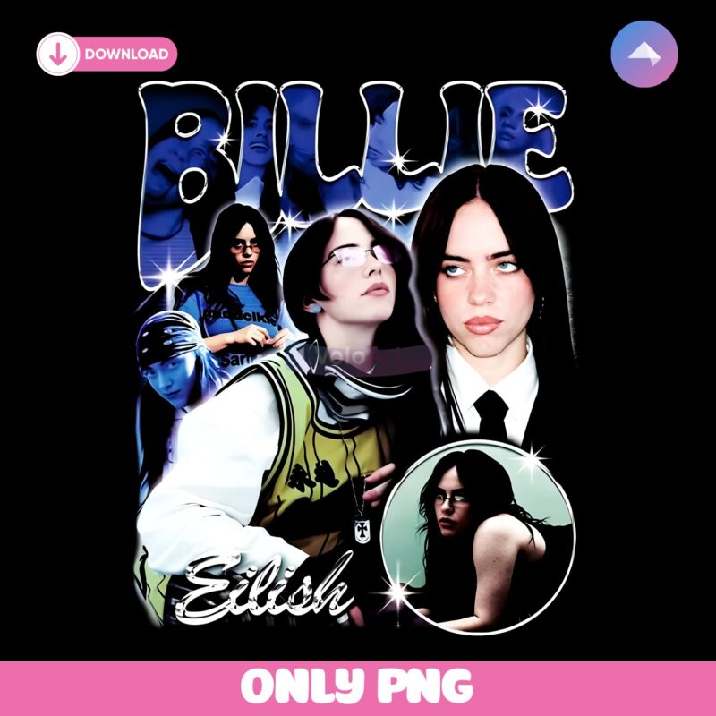 Billie Eilish Dark Hair Multi Pose Retro Sparkle Portrait Graphic PNG