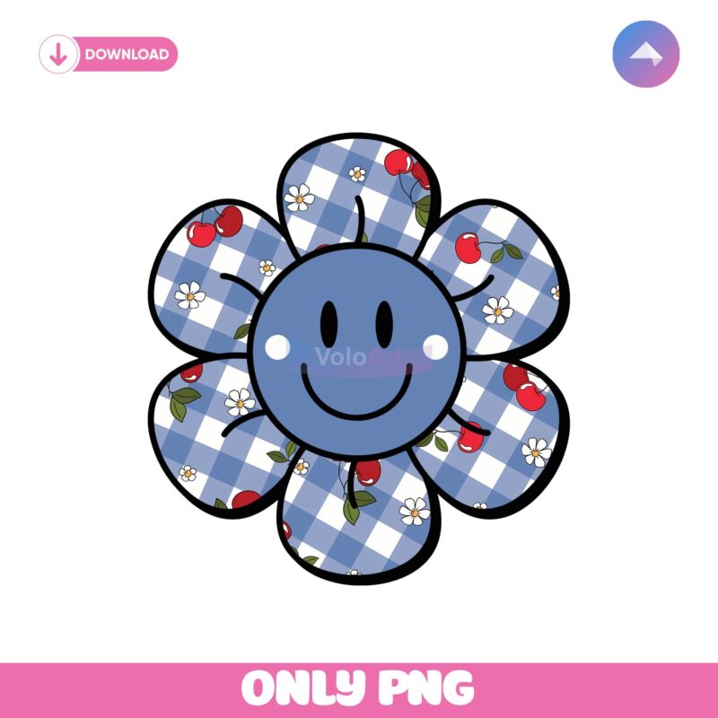 Cherry Smiley Face Patriotic Blue Floral Independence Day PNG