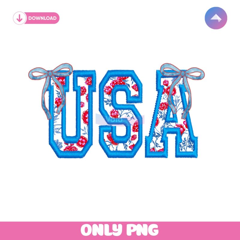 Floral Bow Usa Patriotic Girly Retro Embroidery Style Fourth Of July PNG
