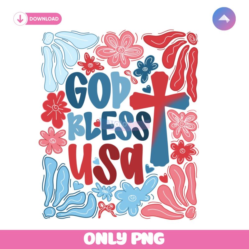 God Bless Usa Christian Floral Hand Drawn Patriotic Freedom PNG