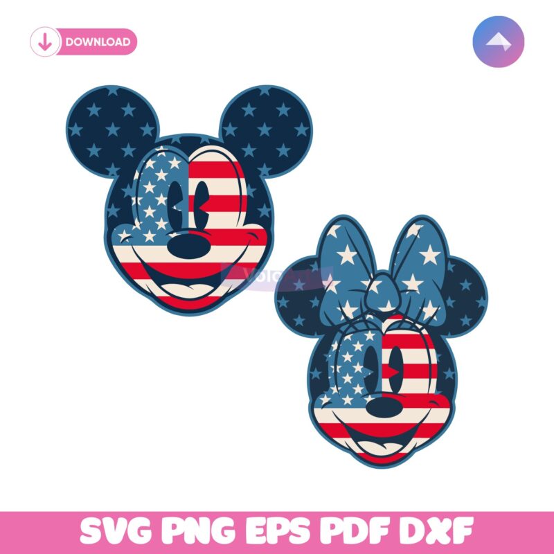 Mickey And Minnie Head With American Flag Pattern SVG