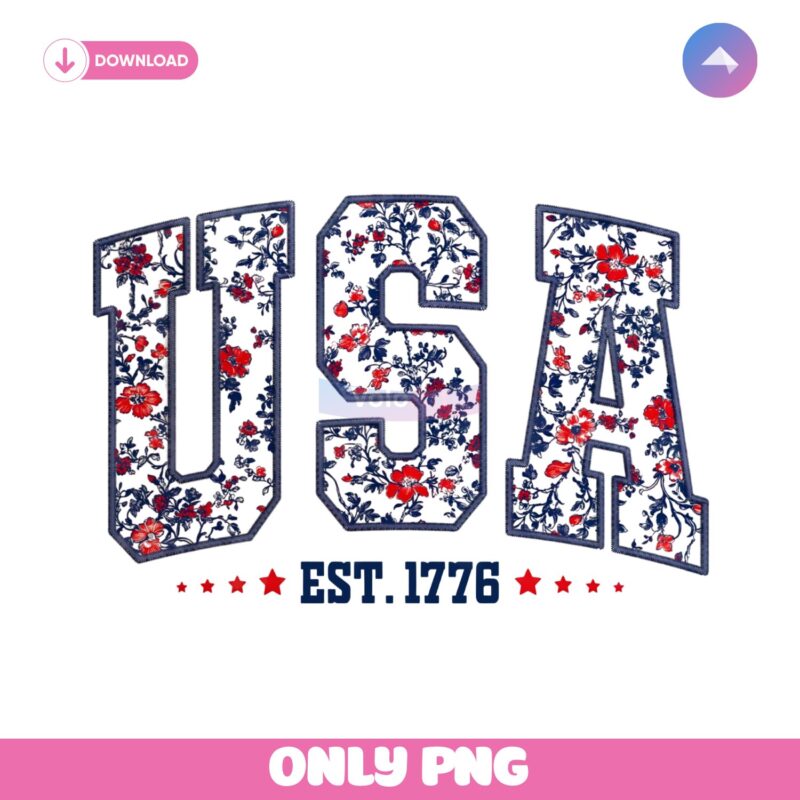 Retro Floral Usa Est 1776 4Th Of July Faux Embroidery  PNG