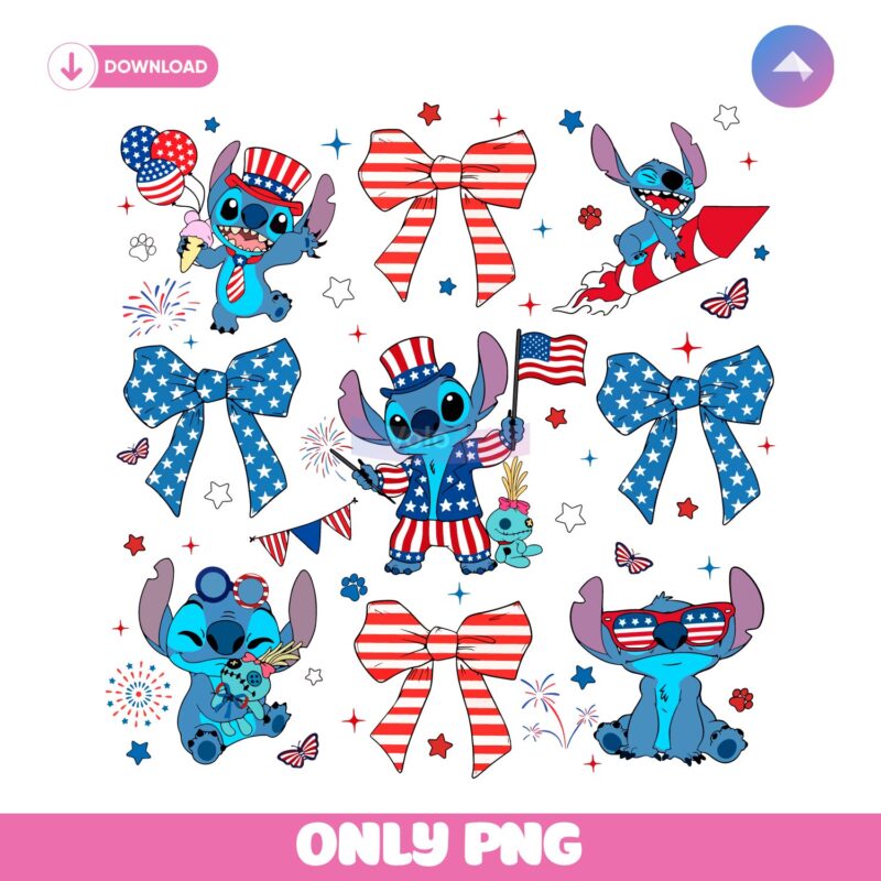 Stitch 4Th Of July Patriotic Bows And Fireworks PNG
