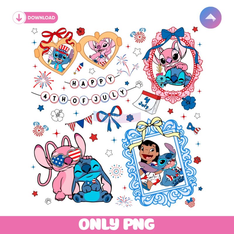 Stitch And Friends Happy 4Th Of July Coquette Bow PNG