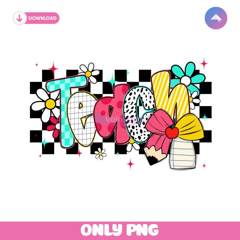 Teach Pencil Coquette Bow Preppy Checkered Floral PNG