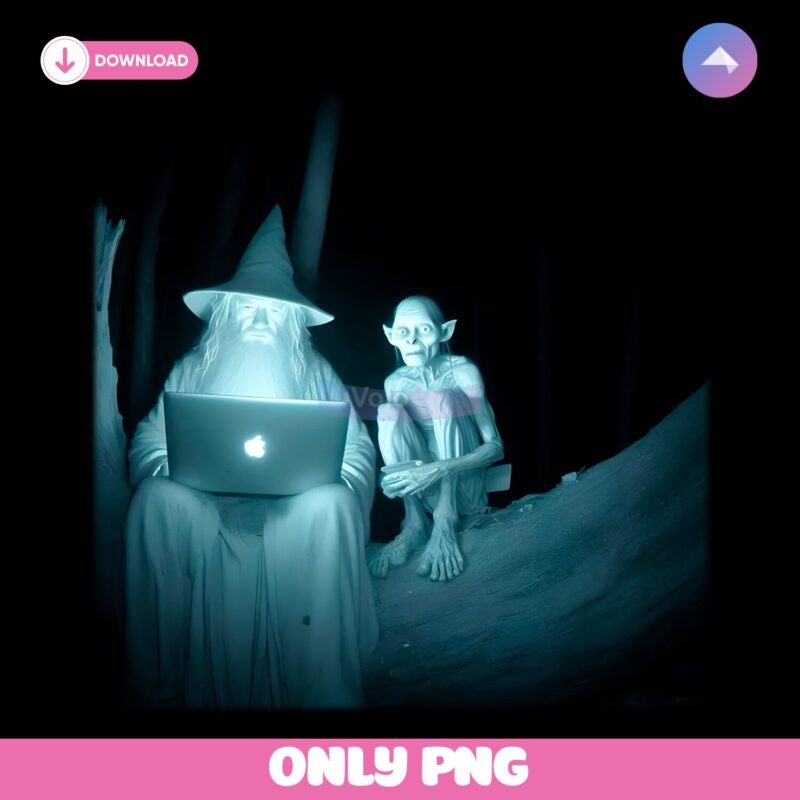 Gandalf And Gollum Using Laptop Meme Funny Night Scene PNG