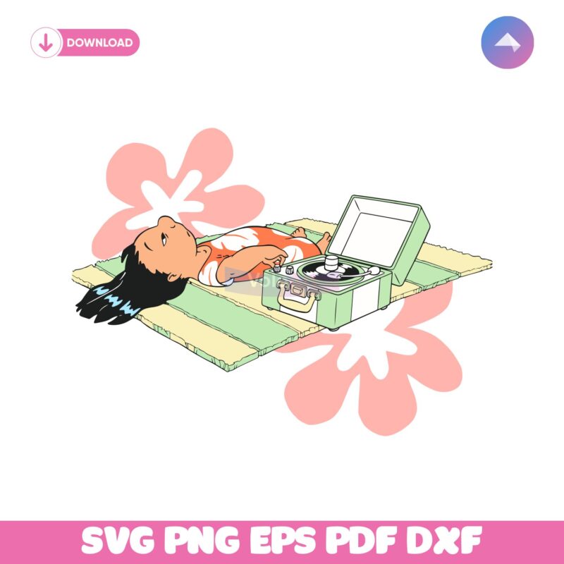 Lilo Relaxing On Beach Mat With Record Player Summer Vibes Cartoon SVG